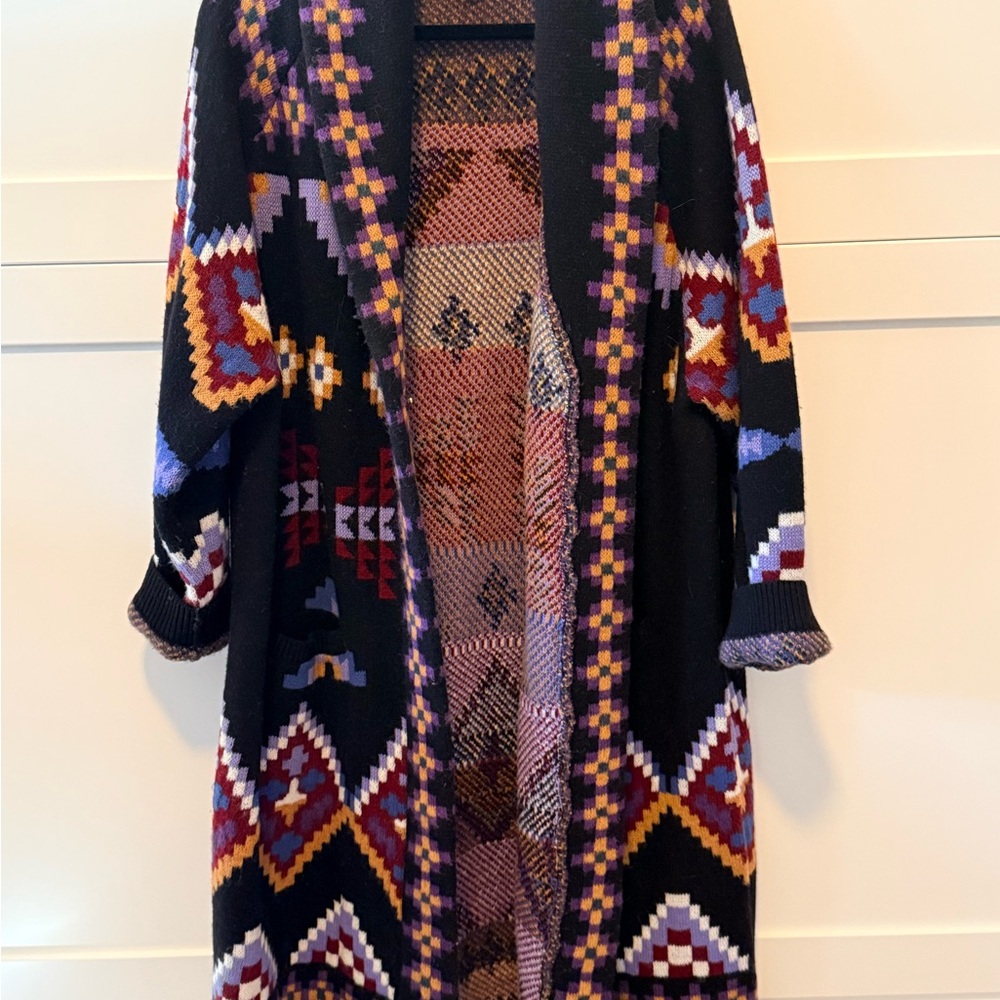 Sundance Black Multicolor Geometric Sweater Coat